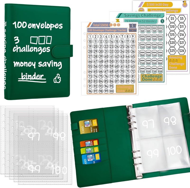 Antner 100 Envelopes Money Saving Challenge Binder, Savings Challenges Book with Envelopes & 3 Challenge Trackers to Save $5,050 and $500 and $10,000, A5 Budget Binder Money Saving Book, Dark Green - Image 1